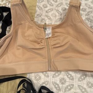 Post surgery bundle.  Medium bra, medium long zip up gown and two drain holders.